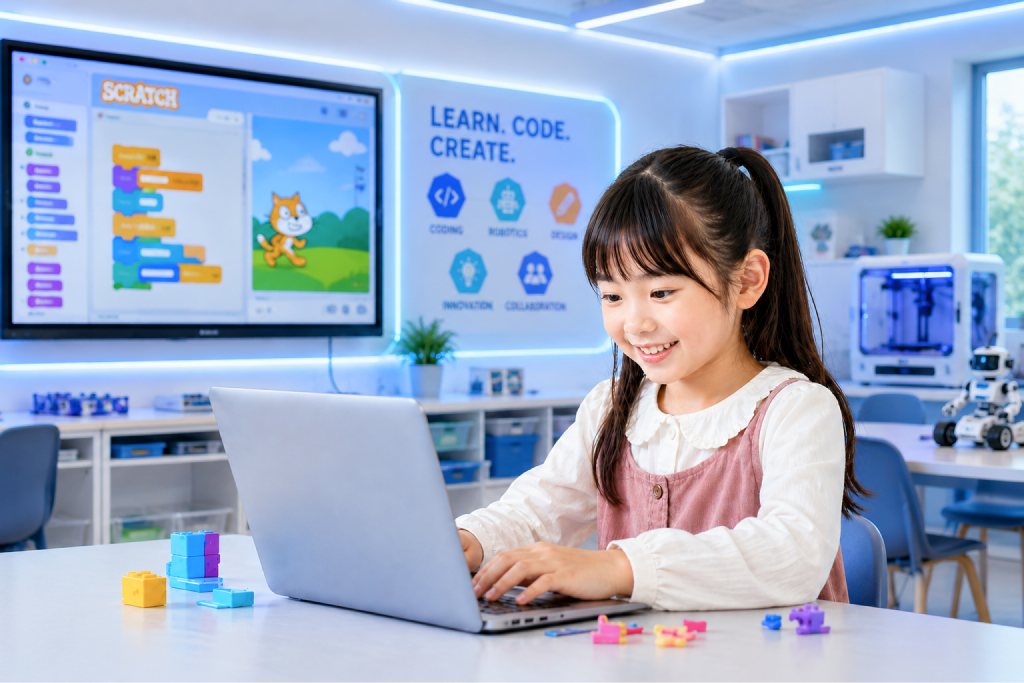ノートパソコンでScratchに取り組む女の子