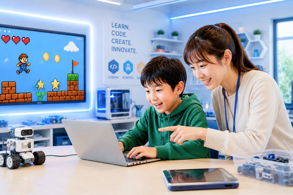 先生と一緒にゲームを作る男の子