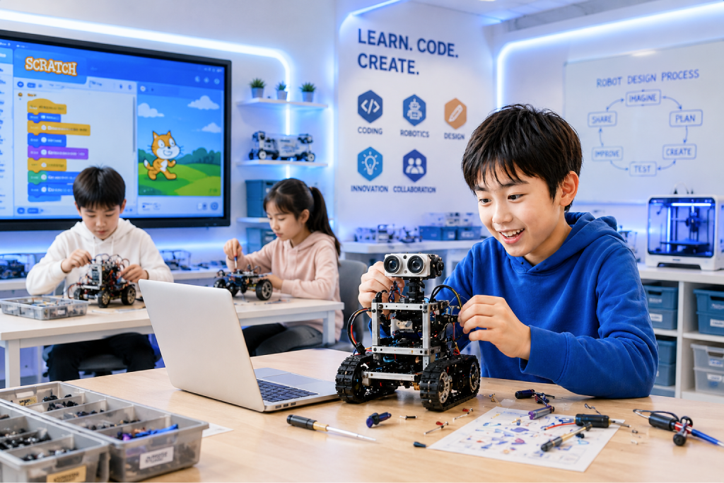 ロボットを組み立てる子どもたち