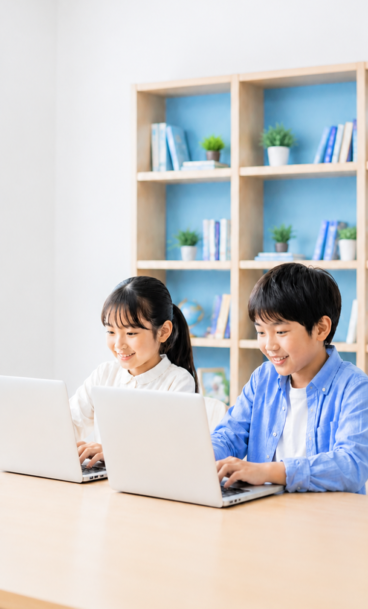 ノートパソコンでプログラミングを学ぶ子どもたち