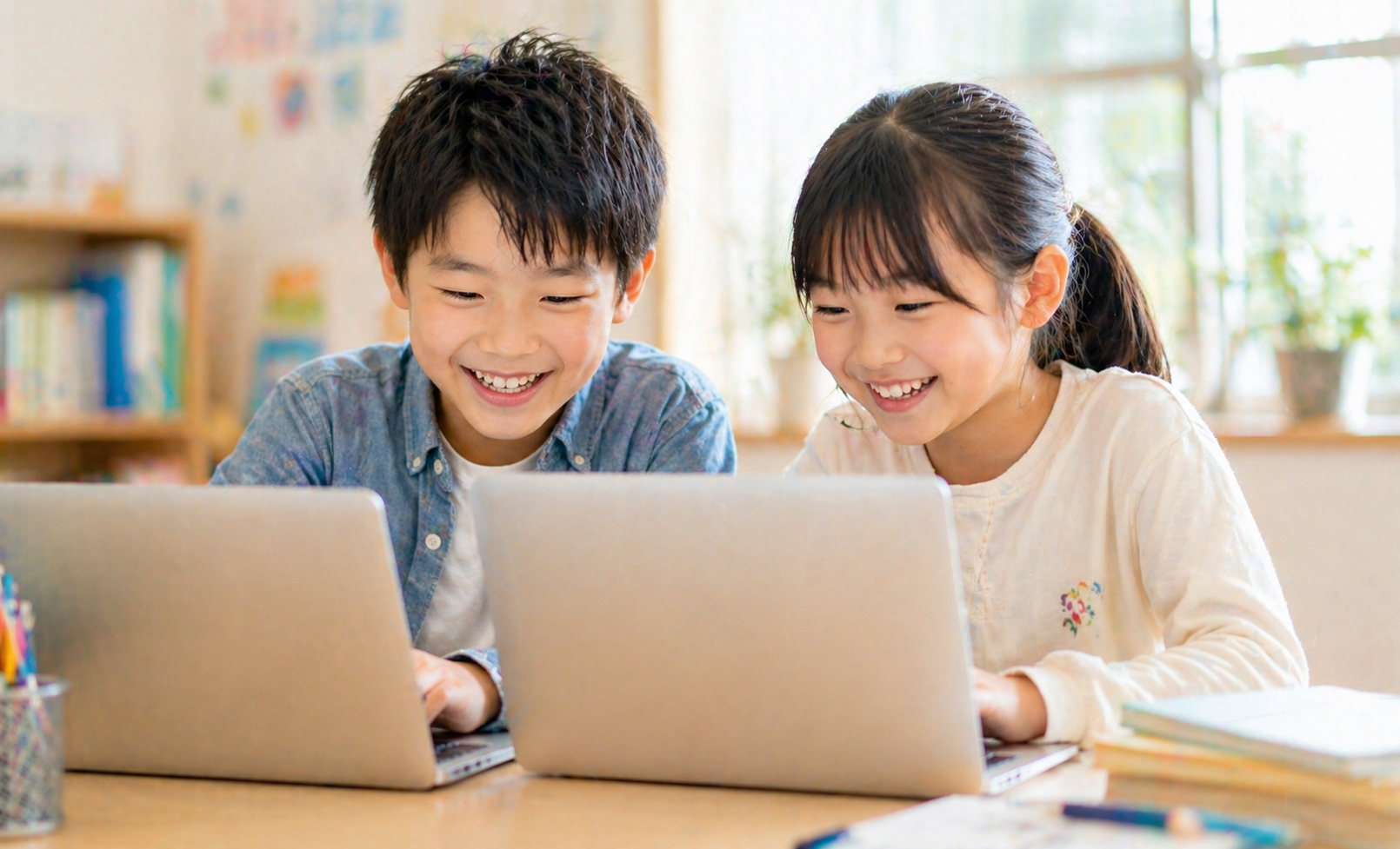 タブレットで学ぶ2人の子ども