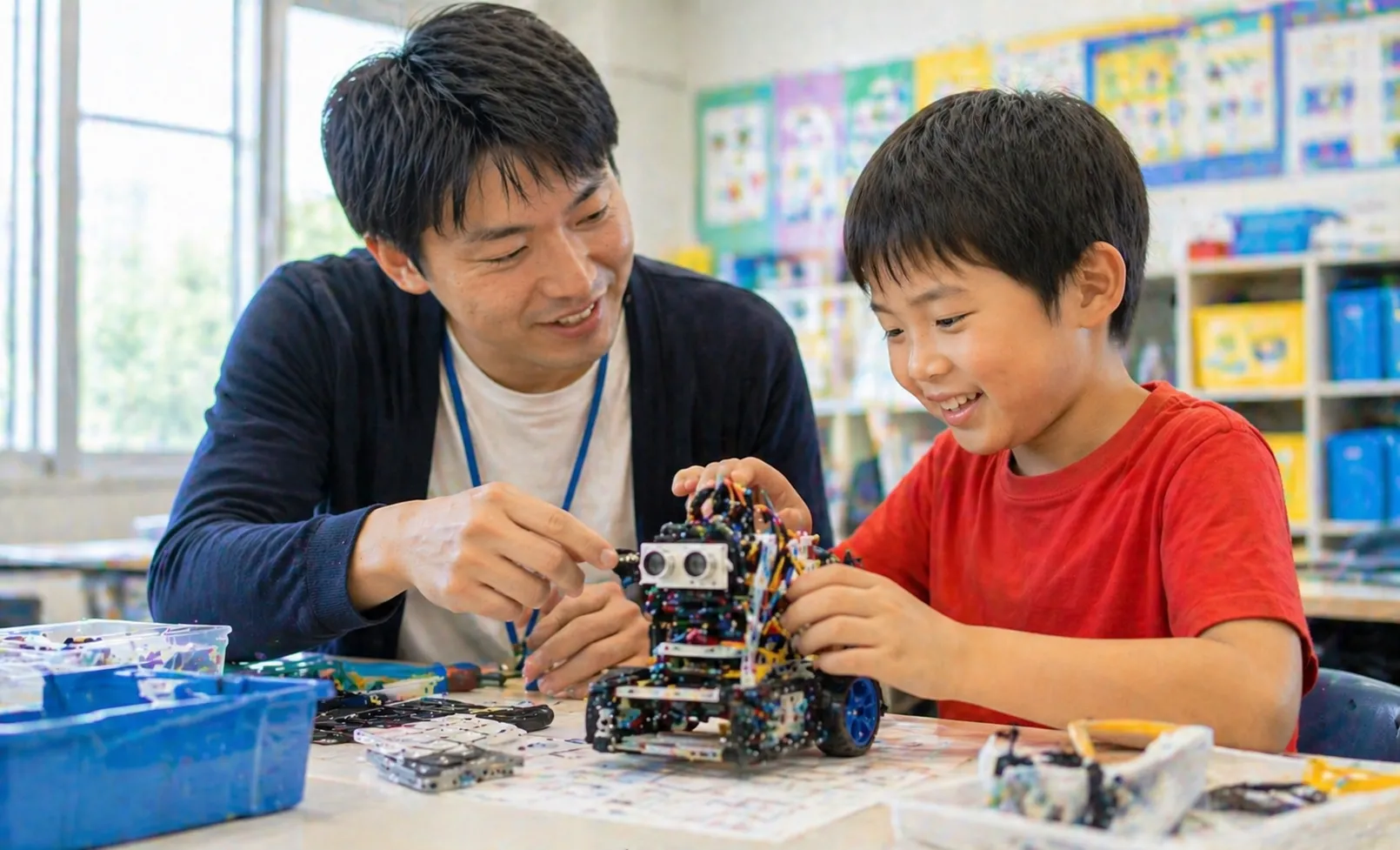 先生と一緒にロボットを組み立てる男の子