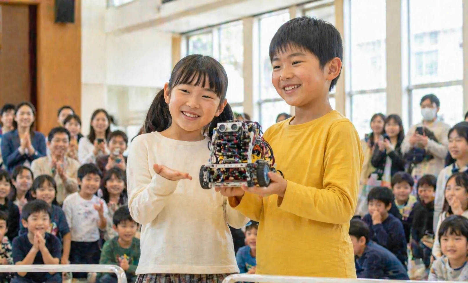 教室でロボットを発表する子どもたち
